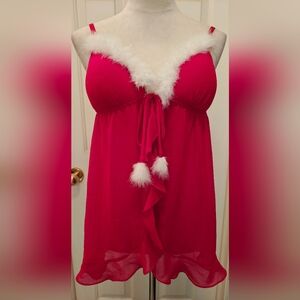 Ambrielle Open Front Santa Babydoll Lingerie Slip Dress w White Fur Trim & Poms